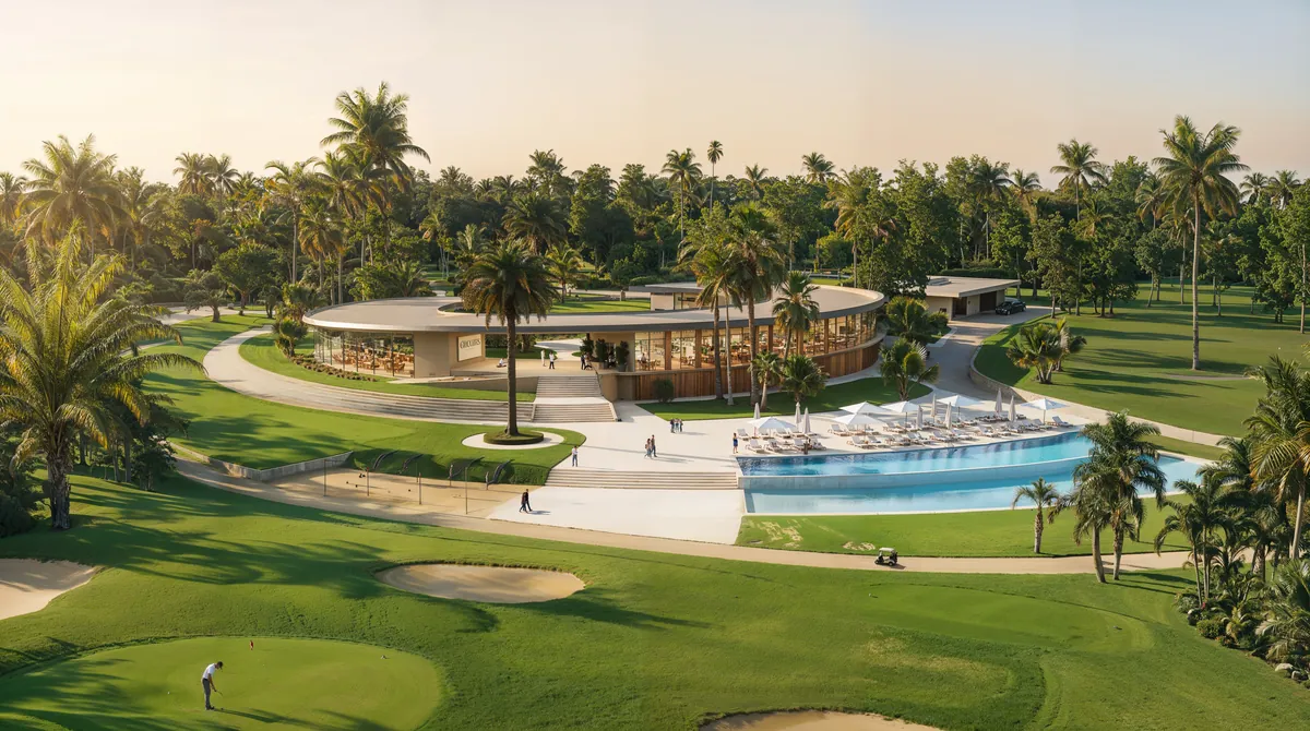 Vista aérea de la casa club de Coral Golf Resort junto al campo de golf