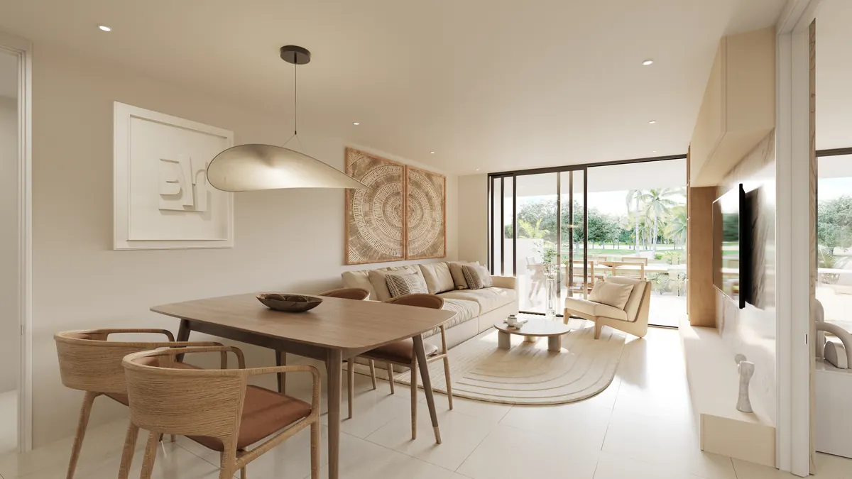Sala y comedor de apartamento en Coral Lake con acabados modernos y luz natural